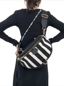 Ladies' fashionable striped pattern lightweight multi zipper shoulder bag, multifunctional casual sports chest bag, daily use portable wide shoulder strap multifunctional crossbody handbag