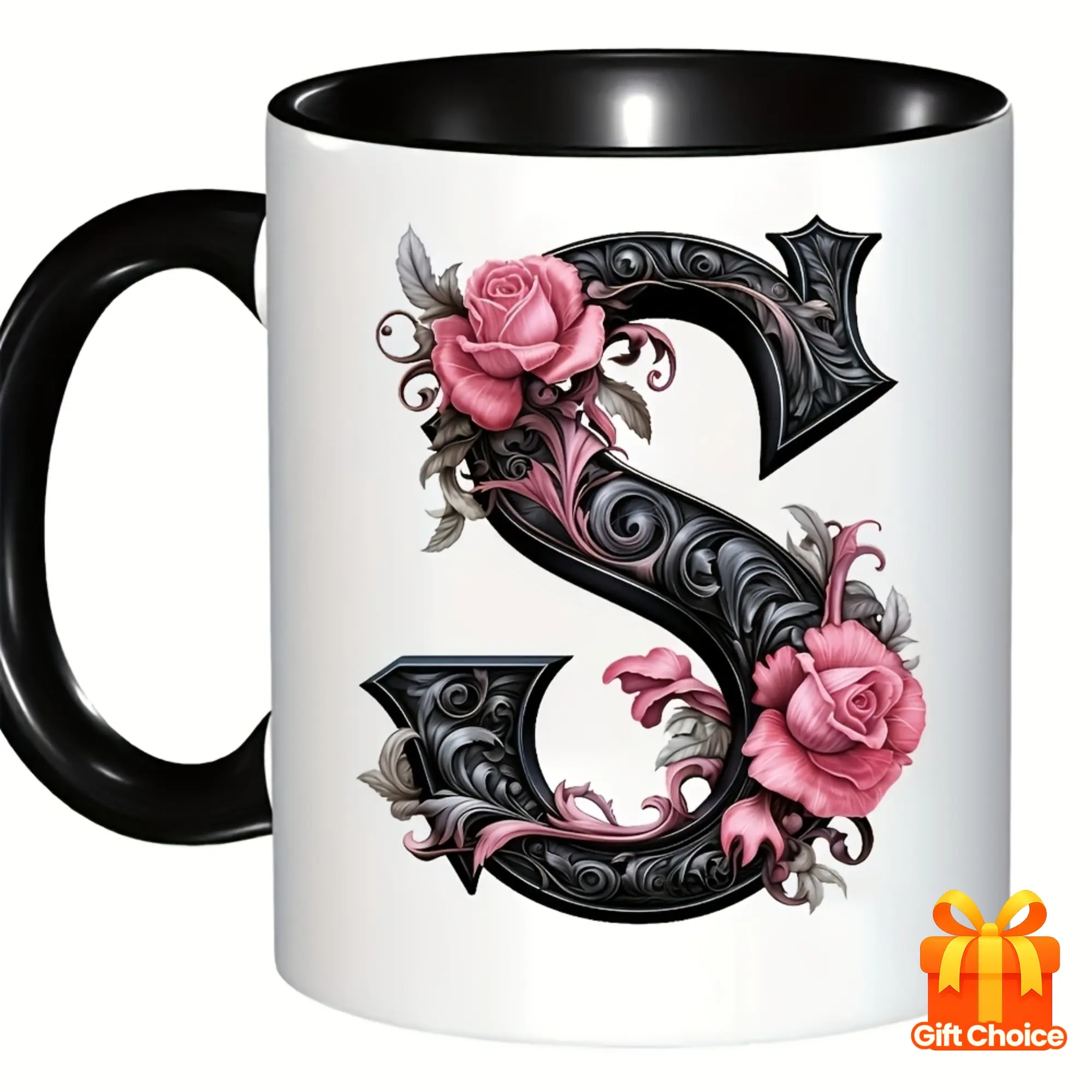 Gothic Pink Rose Black Carved Letter X 11oz White Ceramic Coffee Mug, Custom 26 Initial Monogram Floral Alphabet Tea Cup, Vintage Dark Romantic Ornate Letter Beverage Mug, Halloween Christmas Personalized Gift for Women Men Home Office