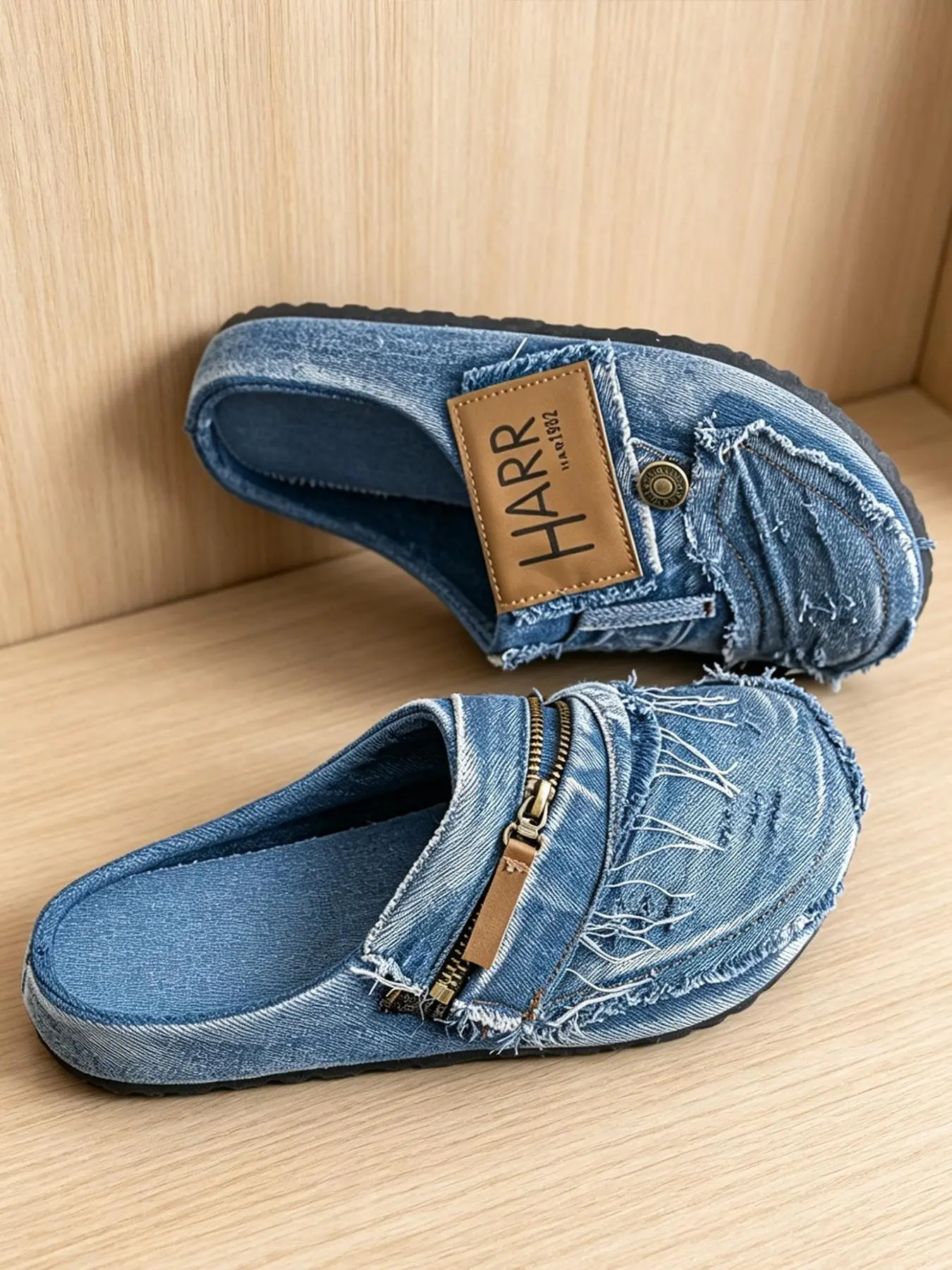 Men Vintage Washed Denim Closed Toe Mules, Distressed Fringe Raw Edge & Metal Zipper Decor Slip On Slippers, HARR Leather Label Non-Slip Flat Slides, Casual Streetwear Footwear For Outdoor Walking Indoor Home Daily Commute, Mule Shoes