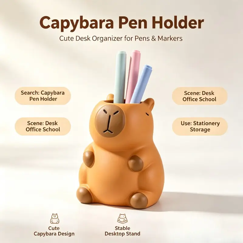 Cute Capybara Pen Holder Resin Desk Organizer, Kawaii Cartoon Animal Pencil Cup, Multifunctional Desktop Storage Pot for Office Bedroom Dorm Decor Gift