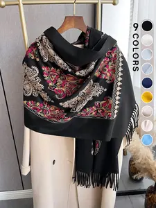 Boho Style Floral & Paisley Embroidery Tassel Decor Shawl, Paisley Print Scarf, Trendy Casual Soft Warm Double Sided Scarf for Fall & Winter, Embroidered Scarf, Fashion Accessories for Women & Men