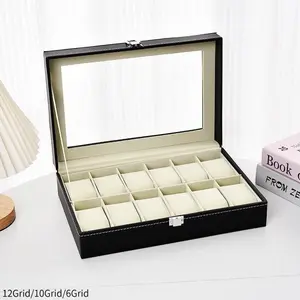 1pc 12/10/6 Grid PU Leather Watch Bracelet Display Storage Box with Lock, Ideal Gift for Holidays, Secure and Stylish Organization