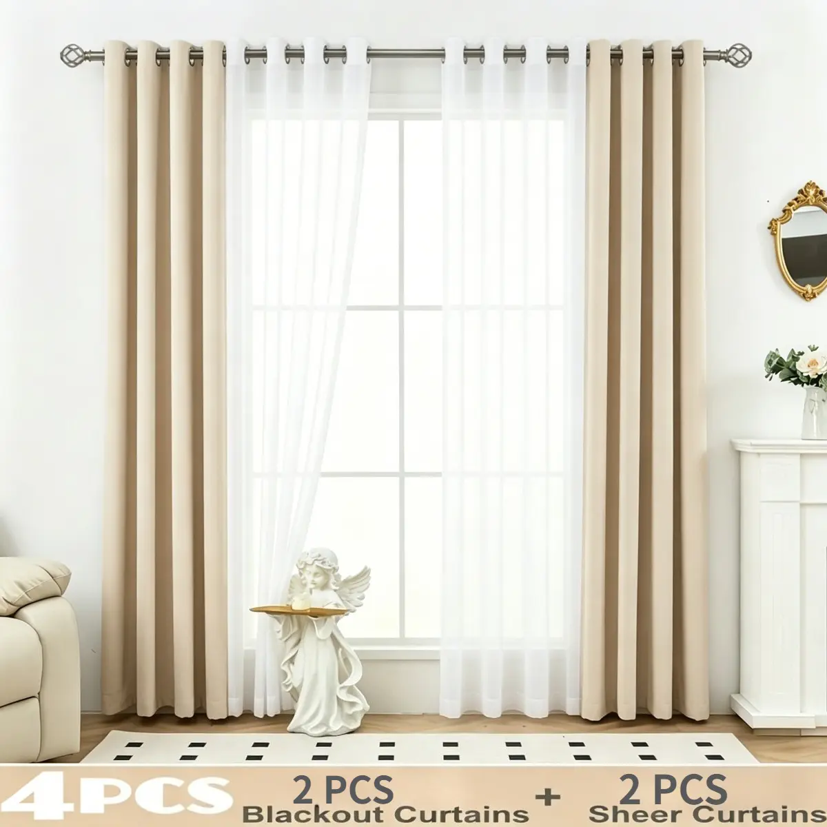 4 Panels/set Blackout Curtain Set, 2 Panels Blackout Curtains +2 Semi Sheer Curtains, High Blackout Solid Color Curtain And Curtain Liner, Block Light for Bedroom And Living Room Modern Art Deco Suitable for Living Room Bedroom Dining Room