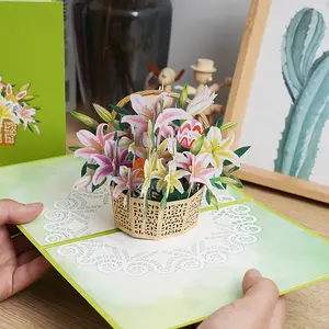 3D Pop Up Easter Card Handmade Lily Flower Basket Greeting Cards Creative Spring Floral Paper Sculpture Festival Blessing Postcards Gift for Family