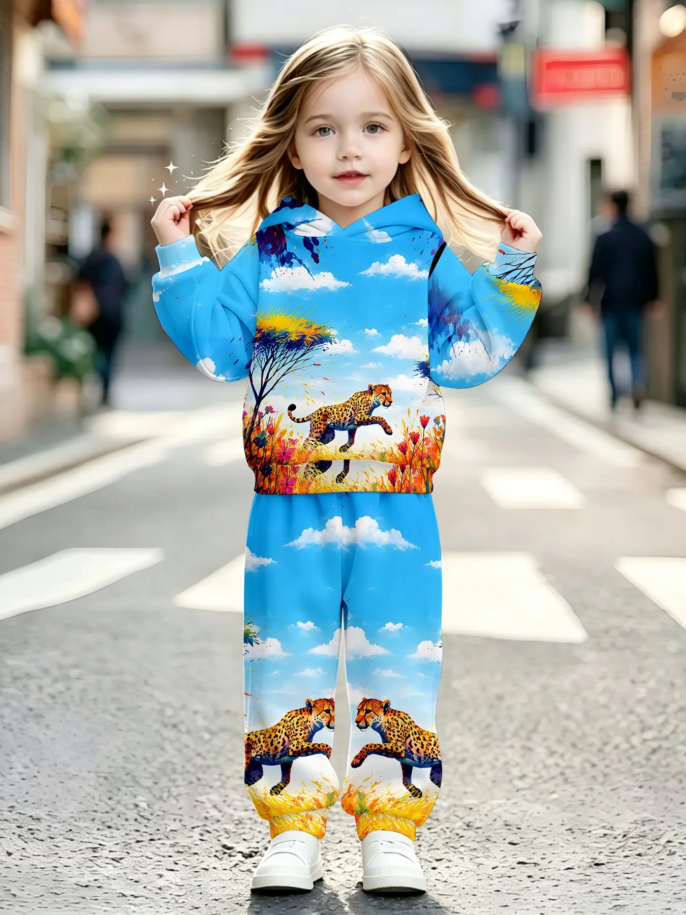 Girls' 3D Leopard Hoodie and Pants Set, Casual Fall Winter, Perfect for Parties and Gifts, Age 1-14 Years, Cheetah Girls Outfits