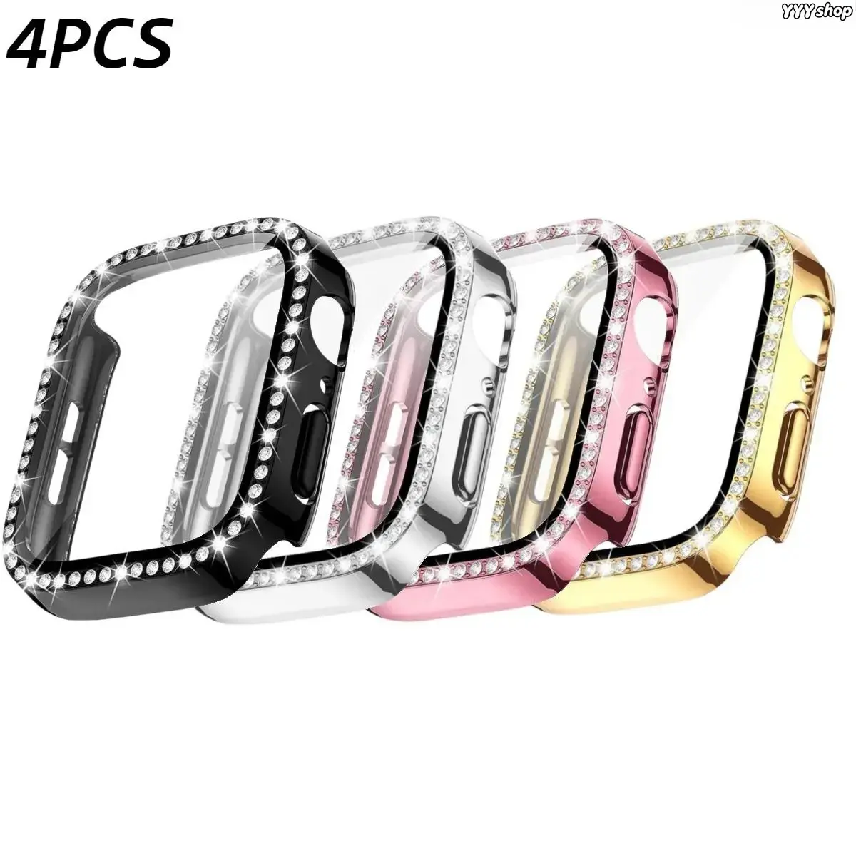 4-Pack Single Row Bling Rhinestone Protective Case, 2-in-1 Hard PC Bumper Built-In Tempered Glass Screen Protector, All Sizes 38/40/41/42/44/45/49mm, Compatible With Apple Watch S1-S11, SE & Ultra, Glam Decor Smartwatch Cover (Watch Not Included)