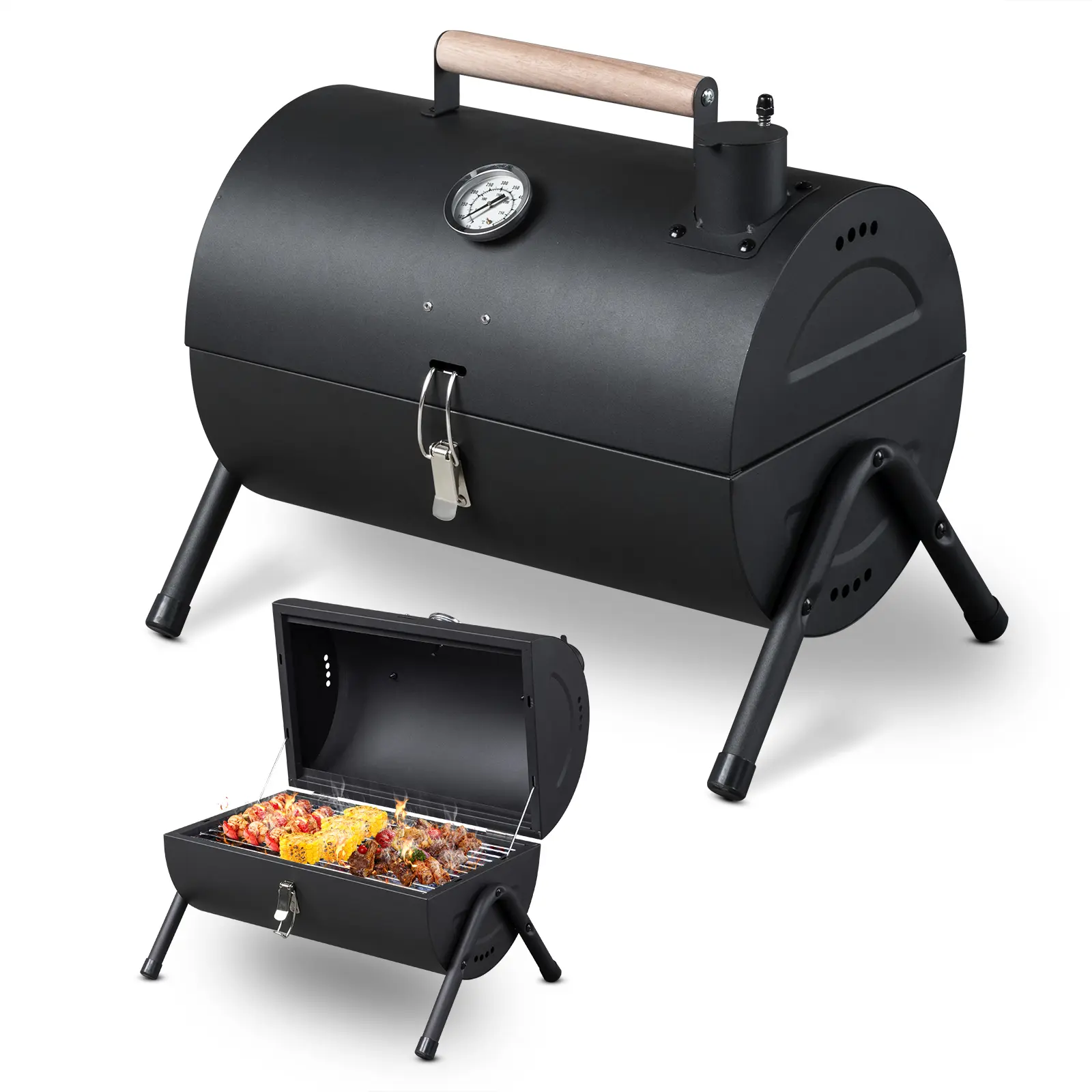 Lightweight Compact Cylindrical Double-Sided Portable Charcoal Grill & Smoker with Oxford Cloth Carry Bag - Tabletop Outdoor Cookout Stove for Camping, Backyard Cooking