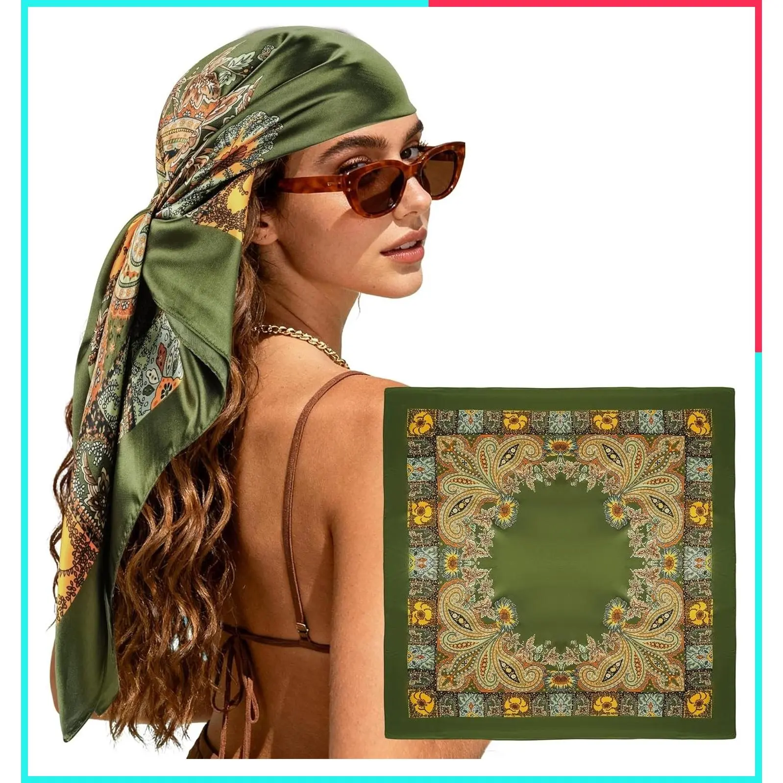 Large 35" Square Satin Hair Scarf for Women - Silky Bandana Head Wrap Fashion Hair Wrapping