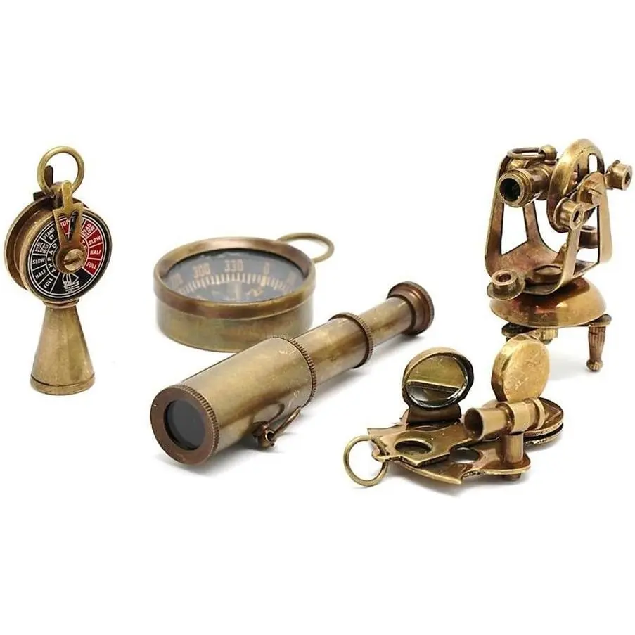 Set of 5 Brass Miniature Nautical Replicas - Vintage-Style Telescope, Compass, Sextant, Theodolite & Telegraph - Steampunk Decor Collectible Gift Set for Teens, Adventure Seekers & Maritime Enthusiasts