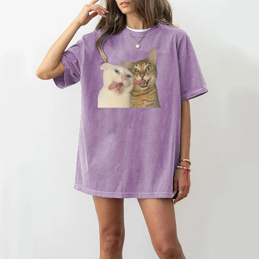 Women's Casual Quirky Cat Emoji Print Washable T-Shirt, Women's Tops, Tshirt, Cotton, Cute, Graphic, Holiday, Relaxed Fit, Regular Fit, Casual Party, Cute Party, Graphic Print, Shortsleeve, Streetwear, Basic