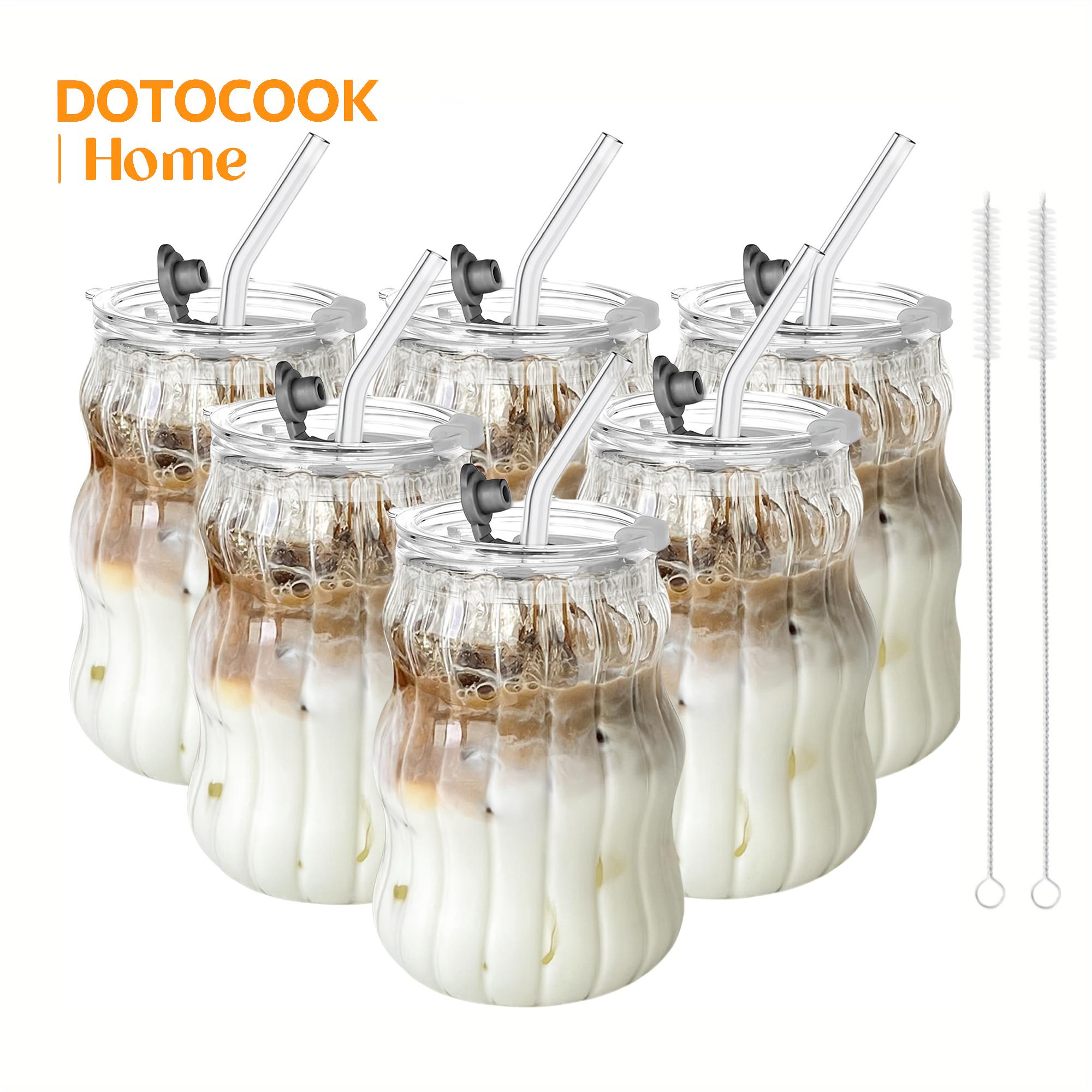 Glass Cup with Straw & Lid, 4/6 Counts Glass Cup Set Portable Clear Ripple Glass Cup with Cleaning Brush, Summer Cool Bottle Drinking Cup for Coffee, Latte, Water, Macha, Juice, Ribbed Glass Cup #TOP PICKS