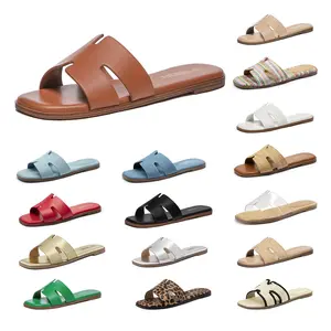 Rihero Women's Sandals, Fashion PU Leather Slip-On Slides with Square Toe, Comfortable Flat Sole for Summer, Comfy Sandals
