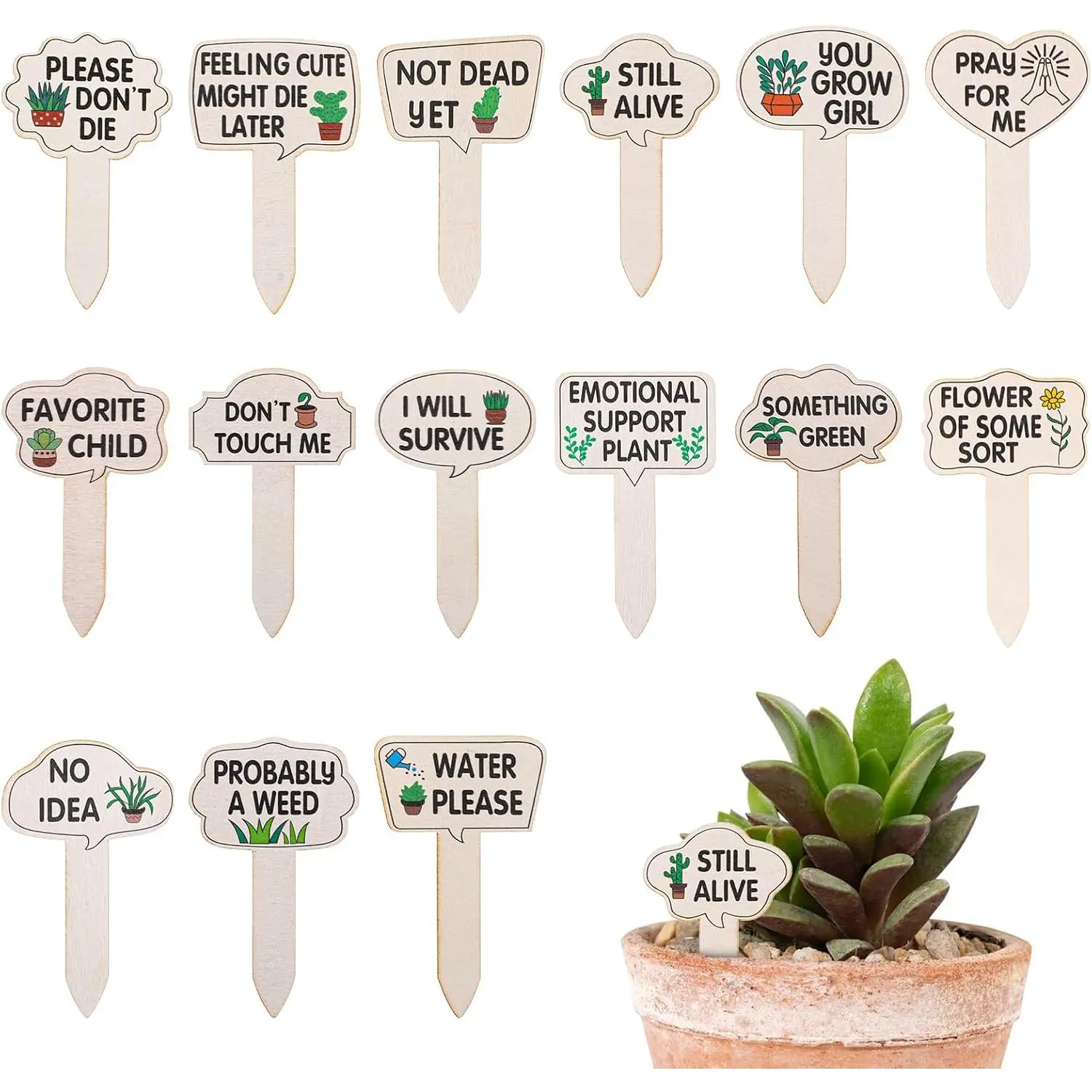15-Count Bulk Pack Wooden Rectangular Garden Markers - Funny Signs with Cute Prints, Plant Labeling Stakes for Indoor/Outdoor Garden Pots, Novelty Gifts