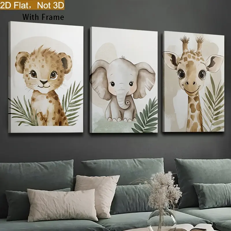 Three‑Piece Pine Framed Jungle Wildlife Canvas Print Set, Ready‑To‑Hang Wall Art For Kids Room, Nursery, Living Room, Bedroom, Ideal For Animal Lovers, Holiday Decor‑2D Flat Printed