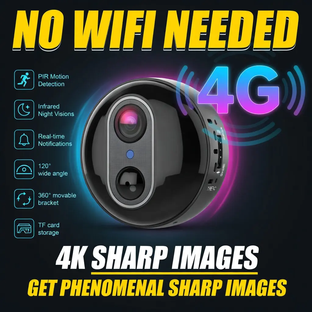 4k camera, Security Camera, 4G LTE Camera, Wireless Camera With Infrared Night Vision, Rechargeable Battery, Intelligent PIR Human Detection, Cloud Storage, Two-way Voice Communication, No Need For Wi-Fi, No Need For Power Plug