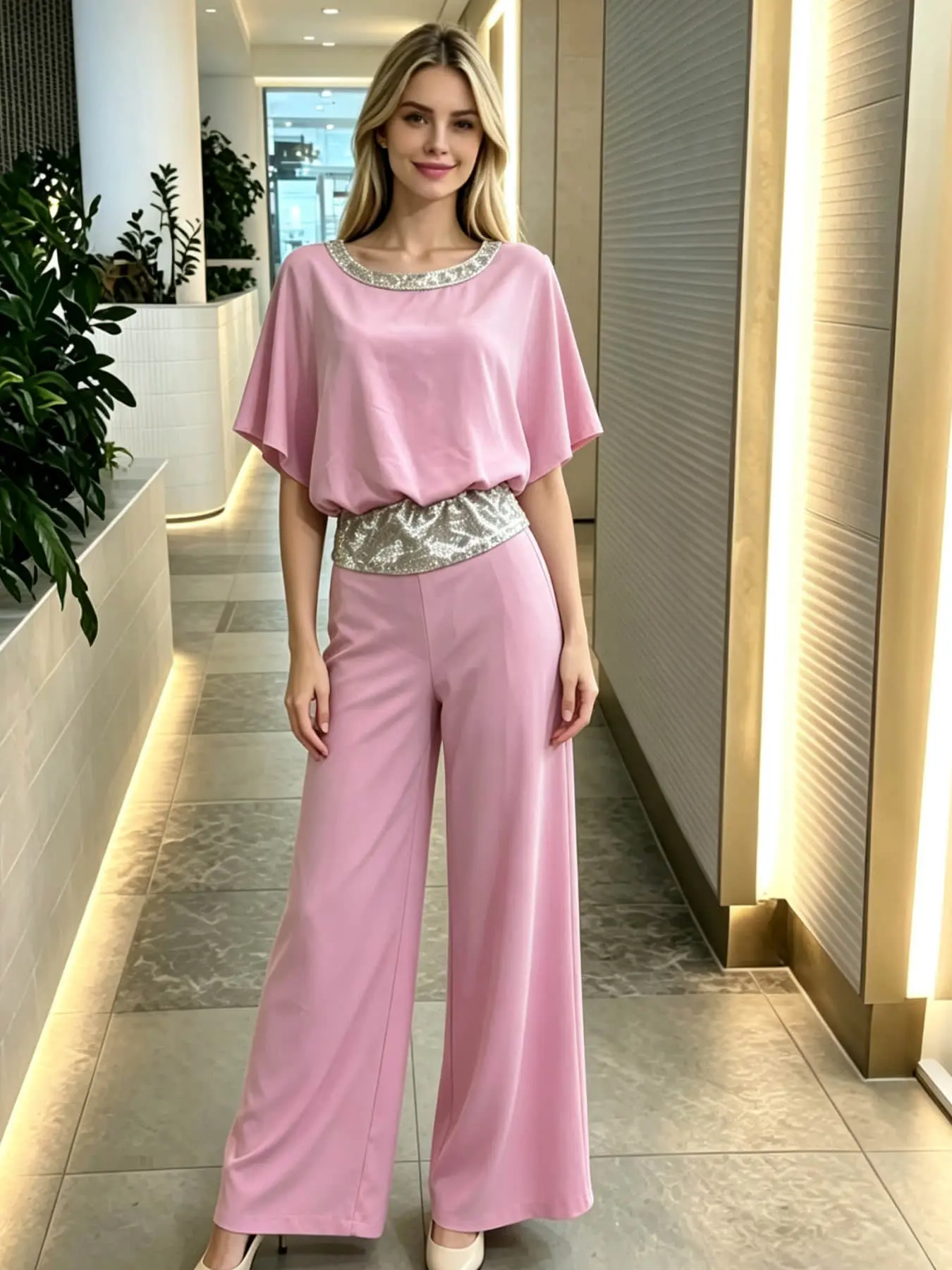 Two-Piece Women's Fashion Light Luxury Sequin Belted Set: Round Neck Silver Sequin Waistband Loose Hiding Body Long Wide Leg Pants Set, Suitable for Summer, Perfect for Evening Parties, Office Commutes, Vacation Trips, and Wedding Guests