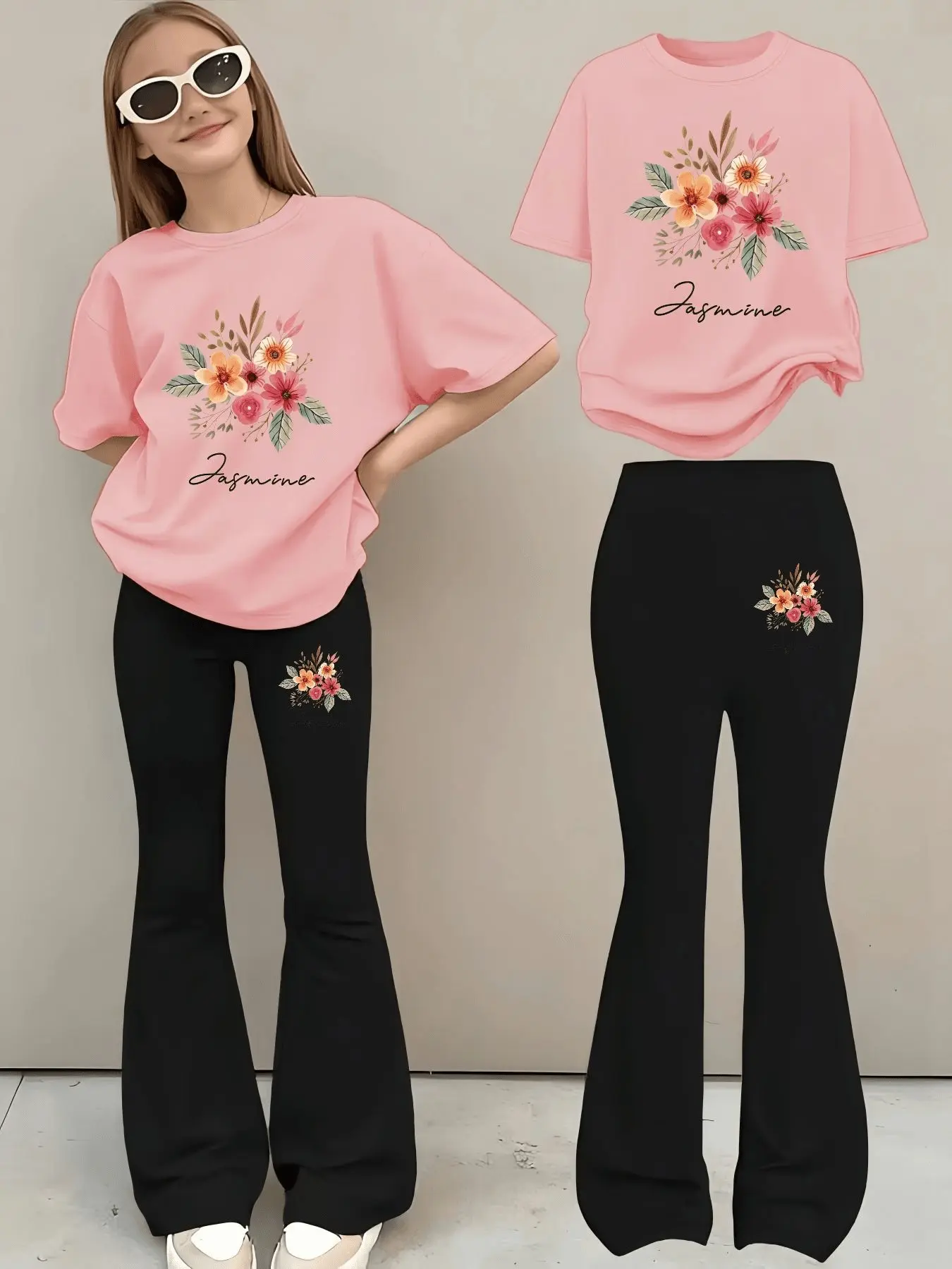 Classic everyday casual stretch lightweight vintage watercolor floral jasmine graphic short top and black flare long pants matching set for young girls after school picnic coffee date city shopping trending girls spring summer teen streetwear fashion insp