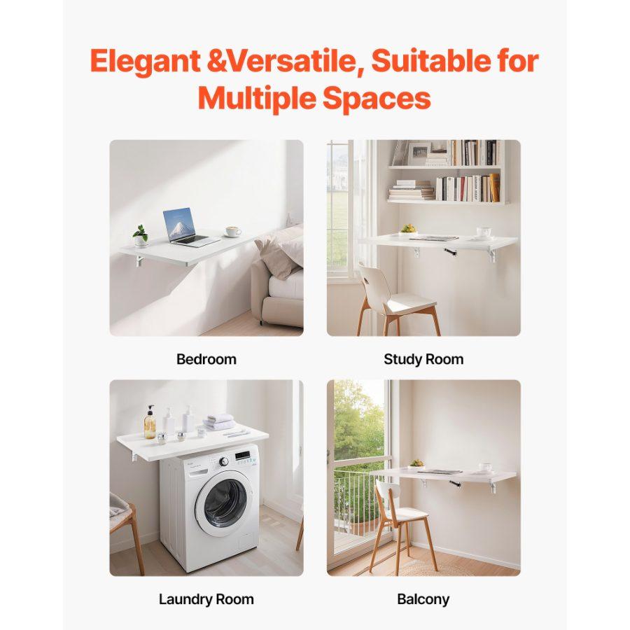 VEVOR Wall Mounted Folding Table, 35.4x 19.7 inches Wall Mount Table, Floating Desk with Iron Bracket, Fold Down Desk for Small Spaces, Home Office, Dining, Laundry Room, Kitchen, Bar, White