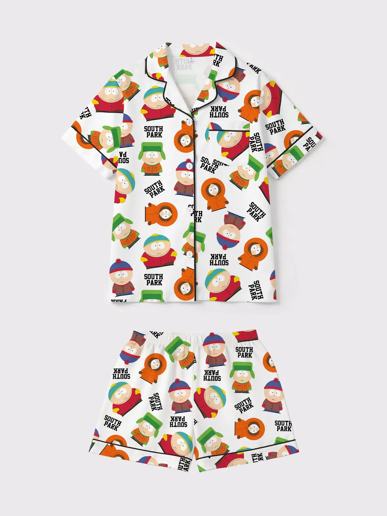 Women's Pajama Set, Soft Comfortable Knit Sleepwear, Loungewear, South Park Print Lapel Design, Elastic Waist Pants, Casual Fashion Home Wear, All Seasons, Casual Comfy Pyjama