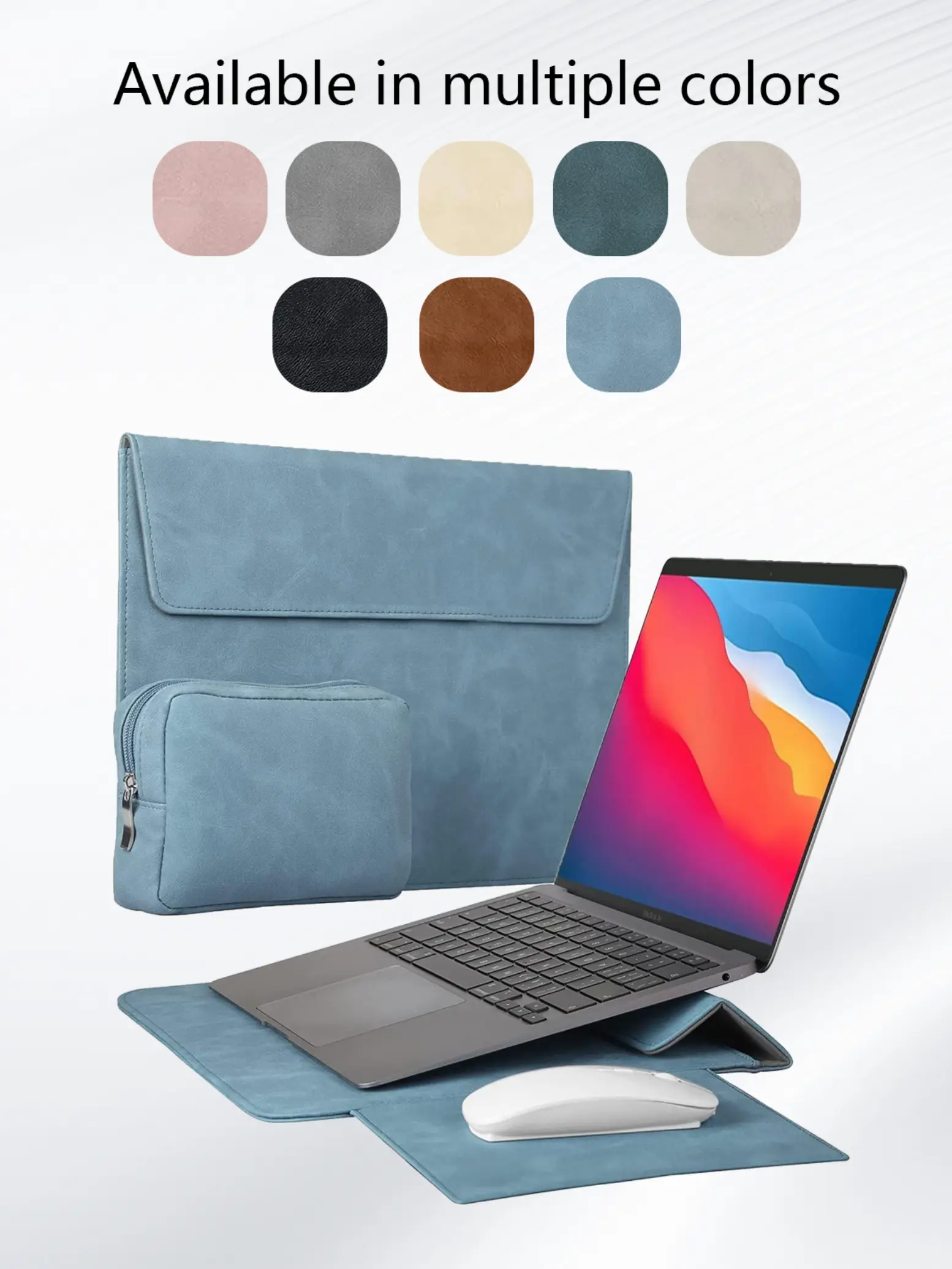 PU Leather Laptop Sleeve Bag with 2-In-1 Stand, Mouse Pad, Smooth Zipper, Compatible with Macbook, iPad, Hp Chromebook, Surface, Laptop Computer Bag
