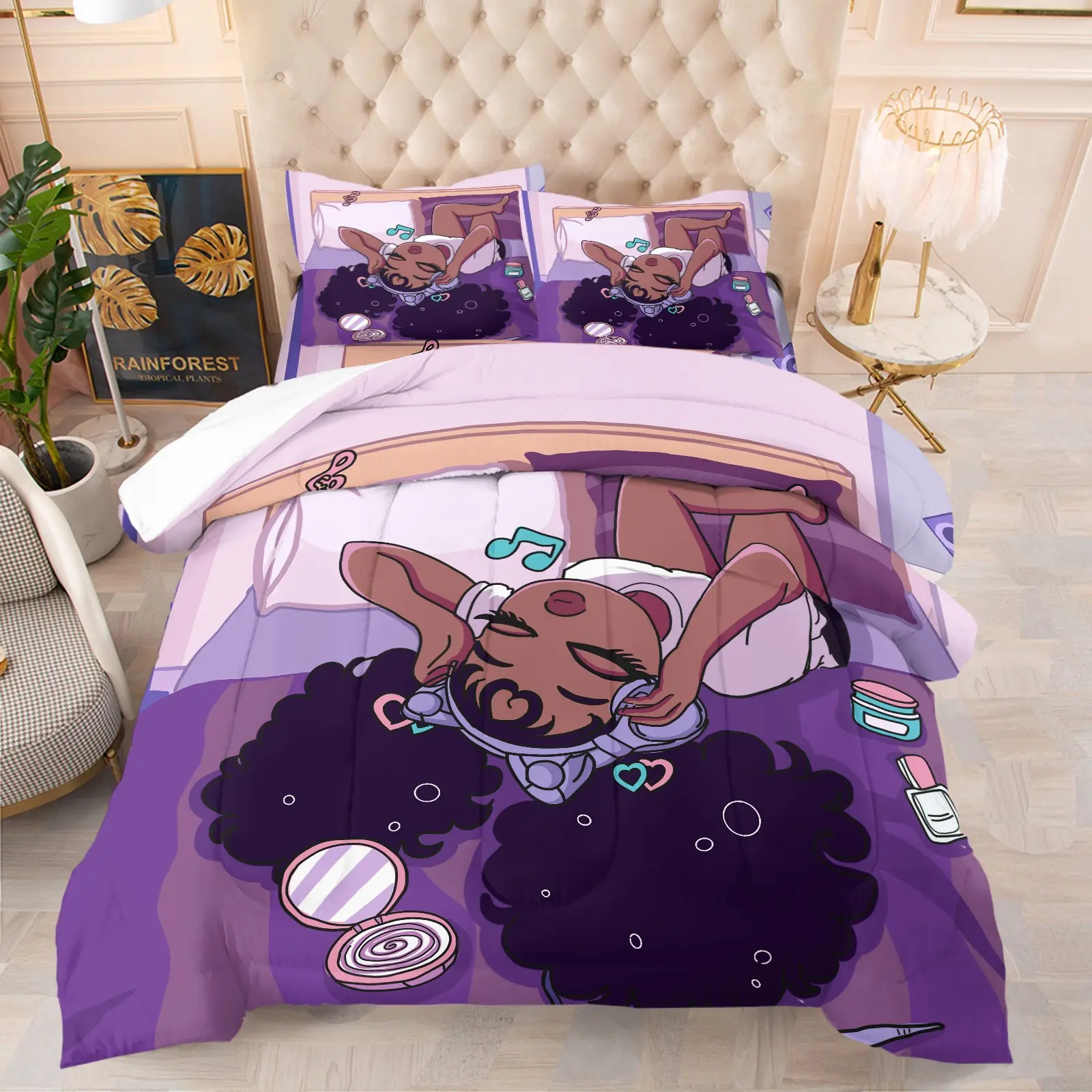 African American Black Girl Comforter Set Twin Size, Black Girls Magic Duvet for Kawaii Bedroom Decor, Girl Love Music Purple Bedding Set with 1 Comforter +1/2 Pillowcase
