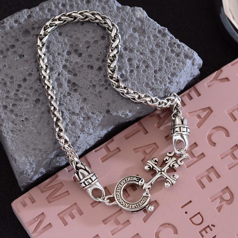 Silver-Plated Cuban Chain Bracelet with Retro Cross Charm, Vintage Horseshoe Clasp Design, November Birthstone Accent Bracelet for Men & Women, Elegant Jewelry for Daily Wear, Parties & Gift Occasions