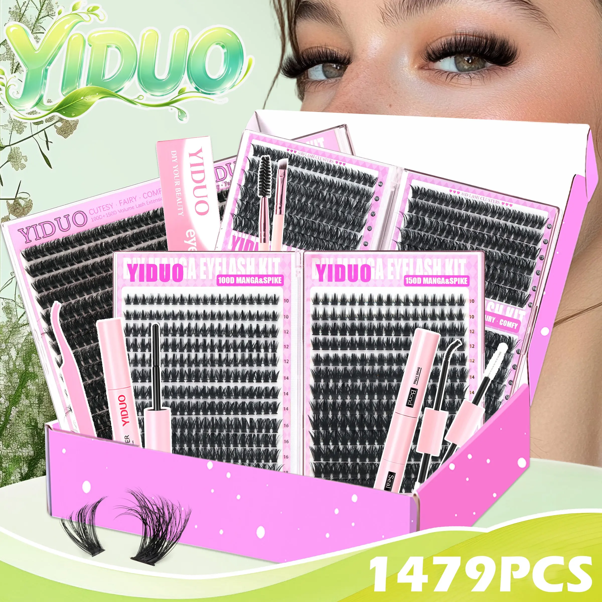 YIDUO All-in-One Eyelash Extension Set – 1479 PCS Clusters Featuring 60D+80D Volume and 100D+150D Manga & Spike, DIY Lash Kit with Adhesive, Sealer, Remover, Tweezers, and Lash Brush