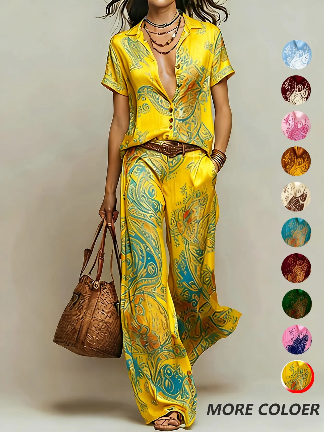 Casual Vacation Style Random Print Collared Shirt Top with Pocket Straight Leg Pants Set, No Belt Included, Perfect for