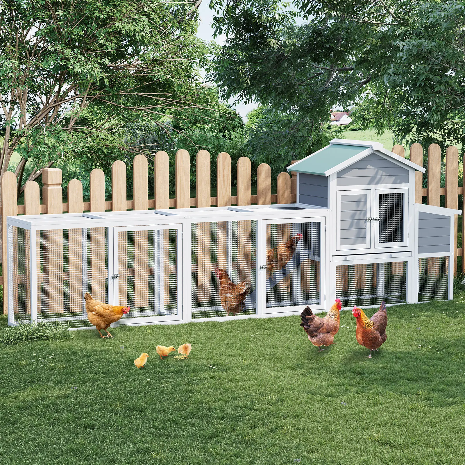 Extra-Large Outdoor Treated Wood Chicken Coop Enclosure - Weather-Resistant Poultry Hutch with Run, Ramp, Egg Access, Suitable for 4-8 Chickens, Ducks or Rabbit Hutch, Non-Skid