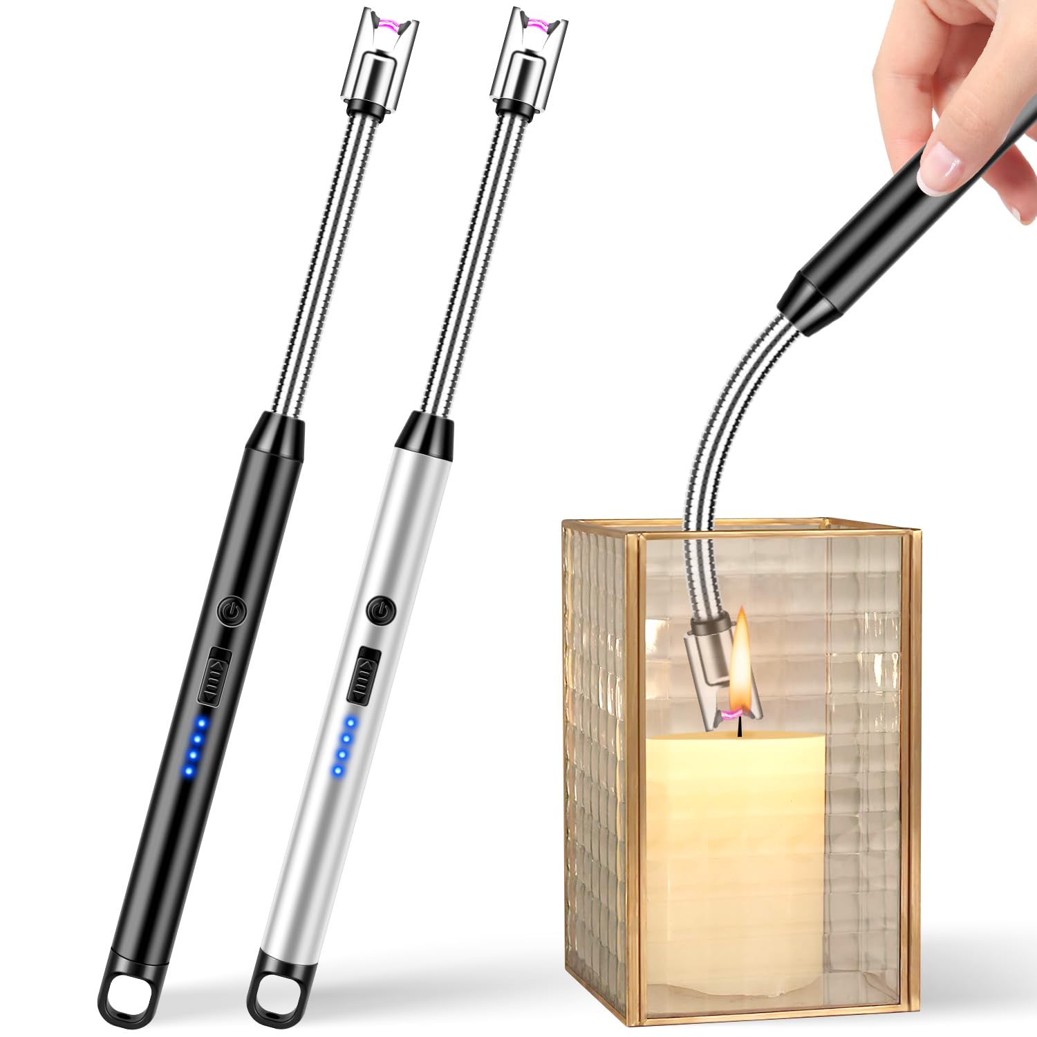 Upgraded 2 Pack Electric Candle Windproof With 360° Flexible Neck & Safety Lock  Usb Rechargeable Arc Long Lighters For Grill Bbq Camping Fireplace Stove