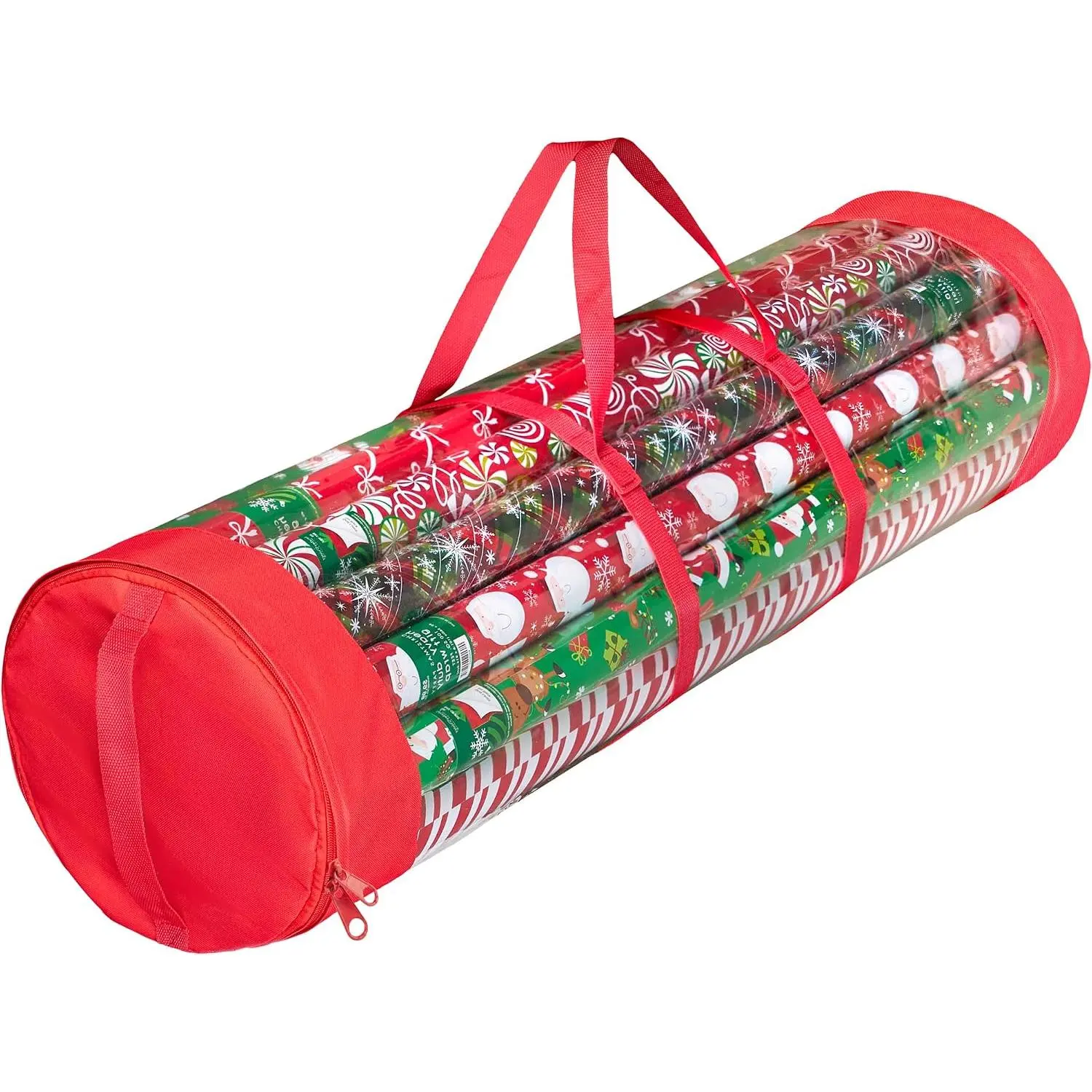 Round Christmas  Wrapping Paper Organizer Storage - 40 Inch  Wrap Storage Containers - Wrapping Paper Holder, Clear PVC with Durable 600D Oxford Fabric, Fits 25 Standard Rolls - Red