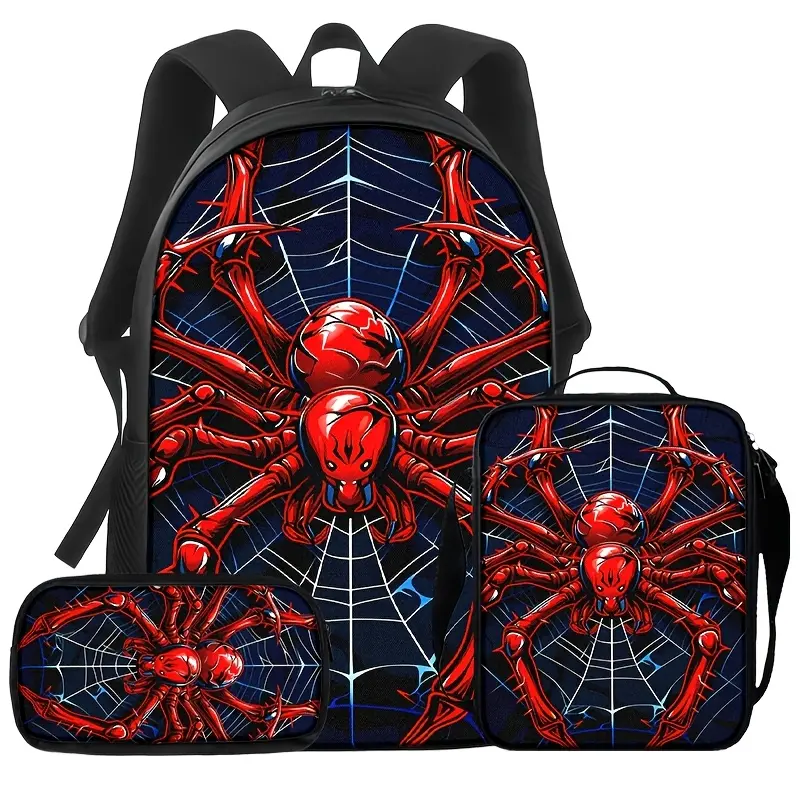 Red Spider Web 3 Piece Backpack Set for Kids and Teens, Glossy Spider Graphic School Bookbag with Matching Lunch Bag and Pencil Case, Dark Navy Travel Daypack, Back to School Comic Art Gift