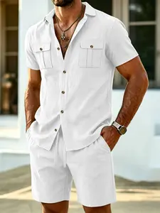 Men's Linen Two-Piece Set, Casual Suit with Collar Shirt and Drawstring Shorts, Pockets, Slim-Fitting, Perfect for Shopping, Travel, Dating
