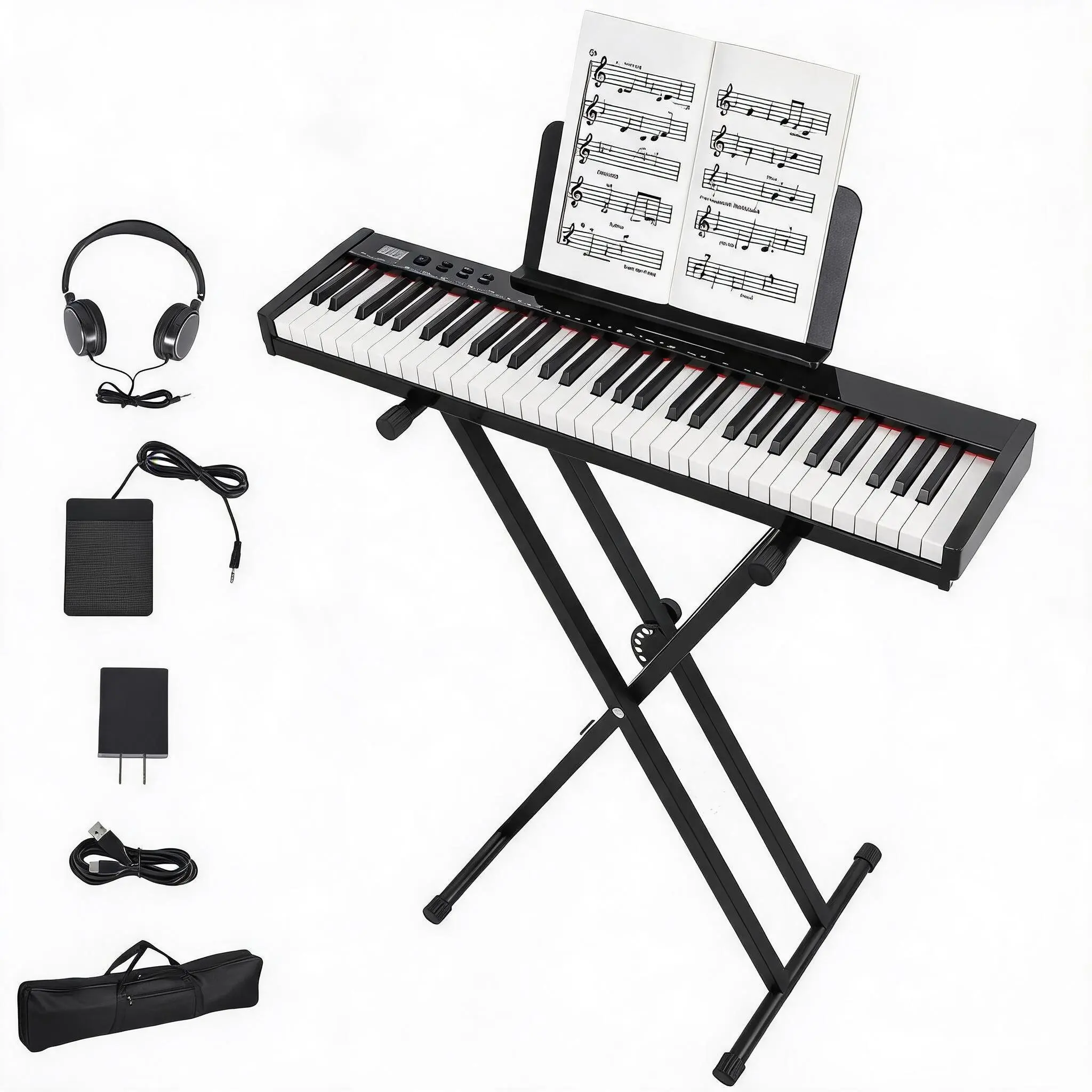 61-Key Semi-Weighted Music Keyboard Piano Set - Portable Fold-up ABS Plastic Digital Piano with 128 Tones, 128 Rhythms, 80 Sample Songs, Dual HD Speakers, Stand, Power Adapter, MIDI USB - Ideal for Beginners