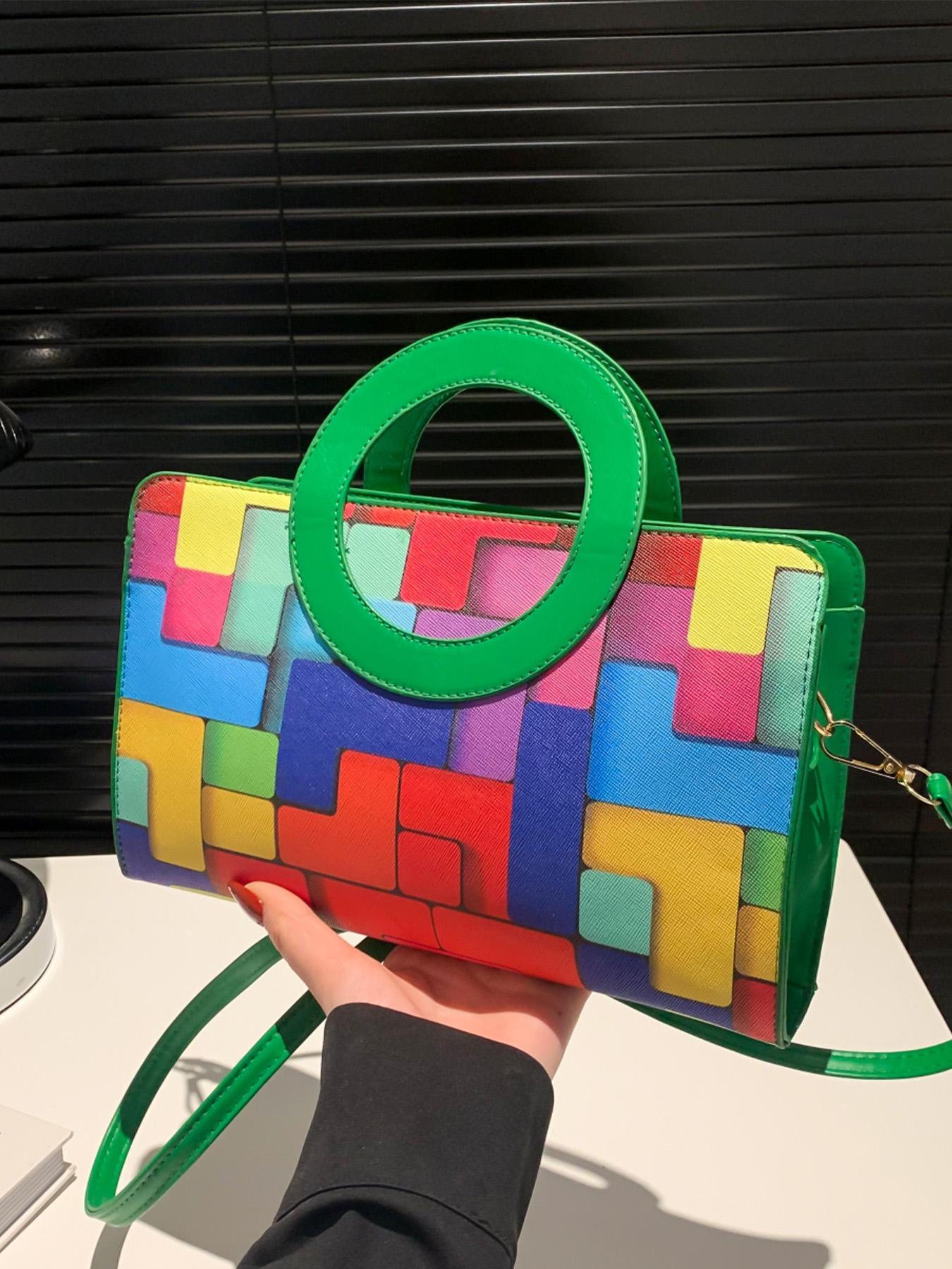 Valentine's Day Ladies' Handbags, Fashionable Retro Color-Blocked Design, Ideal for Commuting, Shopping, Dating & Parties, Colorblock Patchwork Handbag, Geometric Pattern Bag