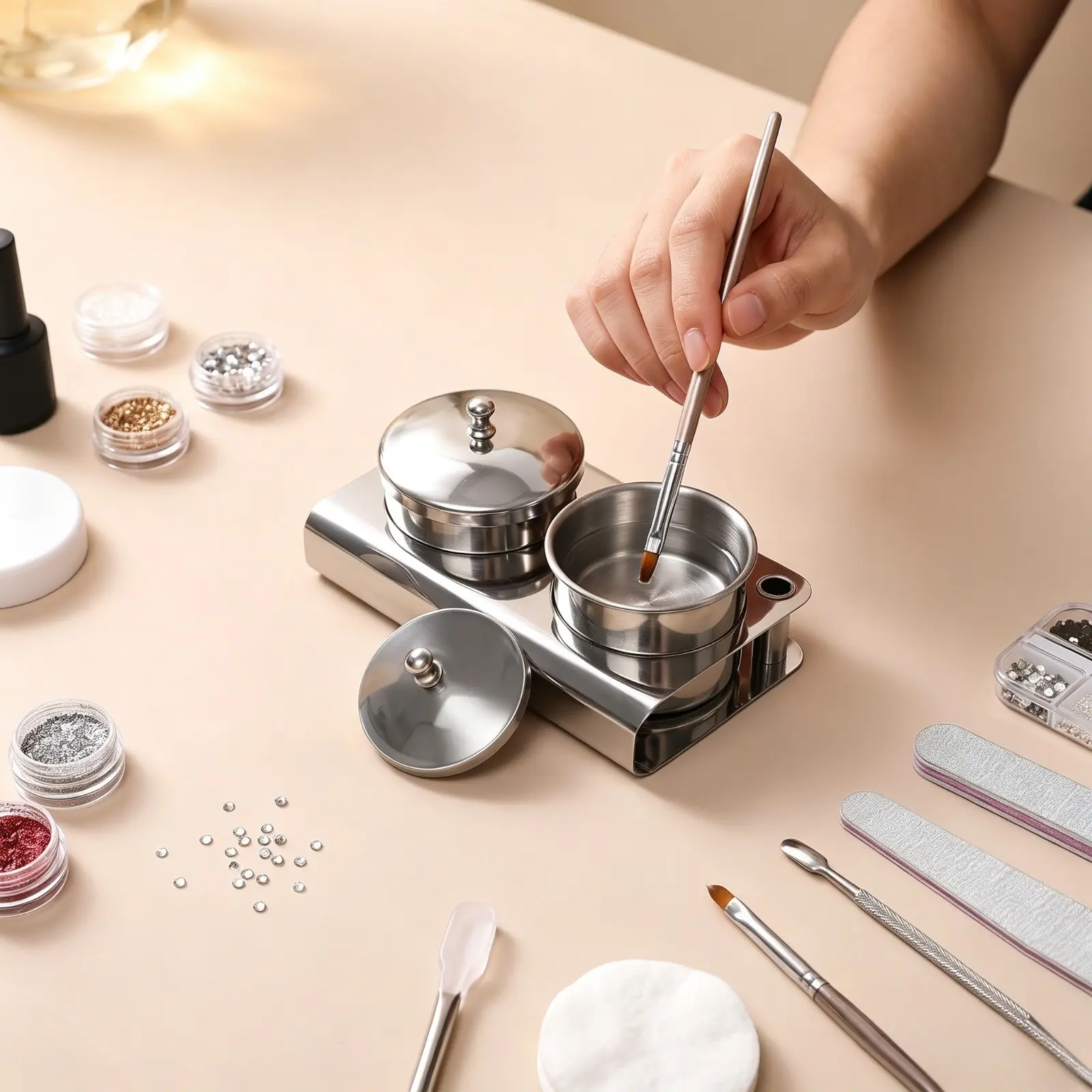 Stainless Steel Brush Cleaning Cup Set, Paintbrush Cleaner, Lidded Partition Container, Nail Art Storage, Pigment Cup, Gel Cup, Glitter Organizer