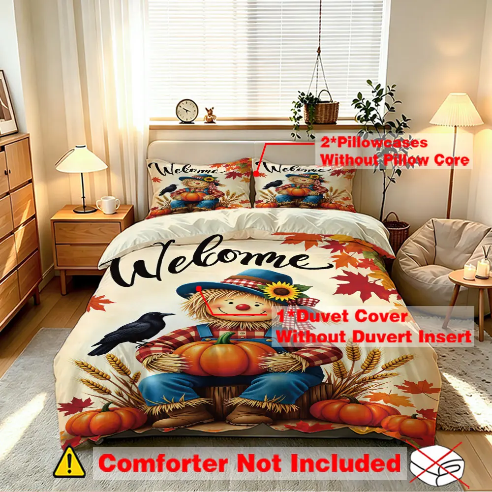 3-Piece Bedding Set (1 Duvet Cover + 2 Pillowcases, No Insert) Scarecrow Pumpkin "Welcome" Slogan Print 100% Polyester, Soft Comfortable Duvet Cover Set for Room Decor, Gift