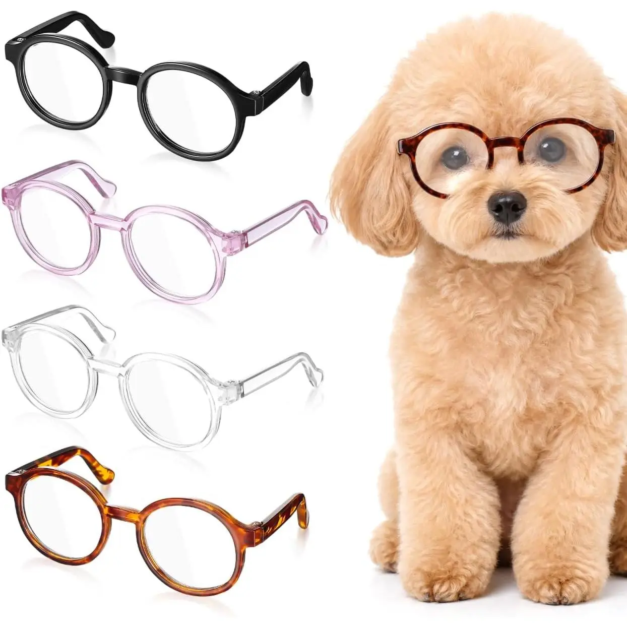 4pcs Pet Cute Retro Round Frames Eyewear Set Pack - Casual Glasses for Dogs, Funny Look Photos Props for Cosplay Party Costumes