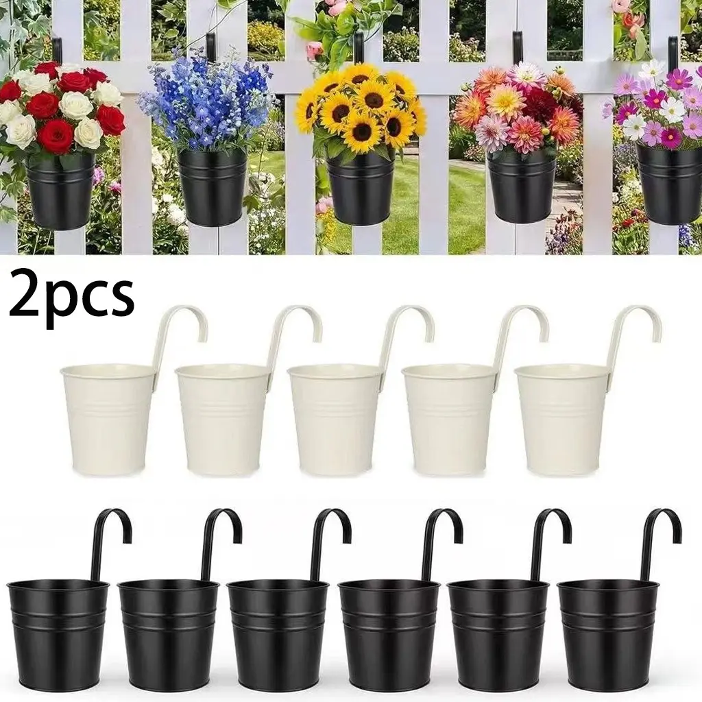 2-Pack Matte Hooked Metal Plant Pots, Rust-Resistant Hanging Flowerpots, Ideal for Balcony Railing, Bathroom Small Greenery Layout