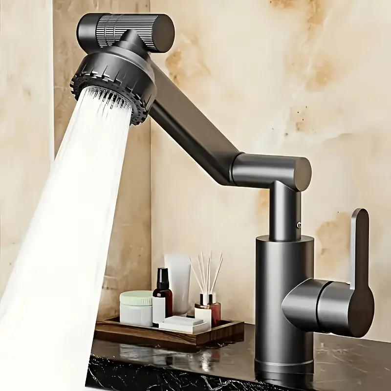 Modern rotary faucet  dual mode (cold and hot water), nozzle that can be rotated 1080, splash-proof outlet with bubble function; suitable for use in bathroom and kitchen sinks. It comes with two water inlet pipes, and is designed for bathroom decoration