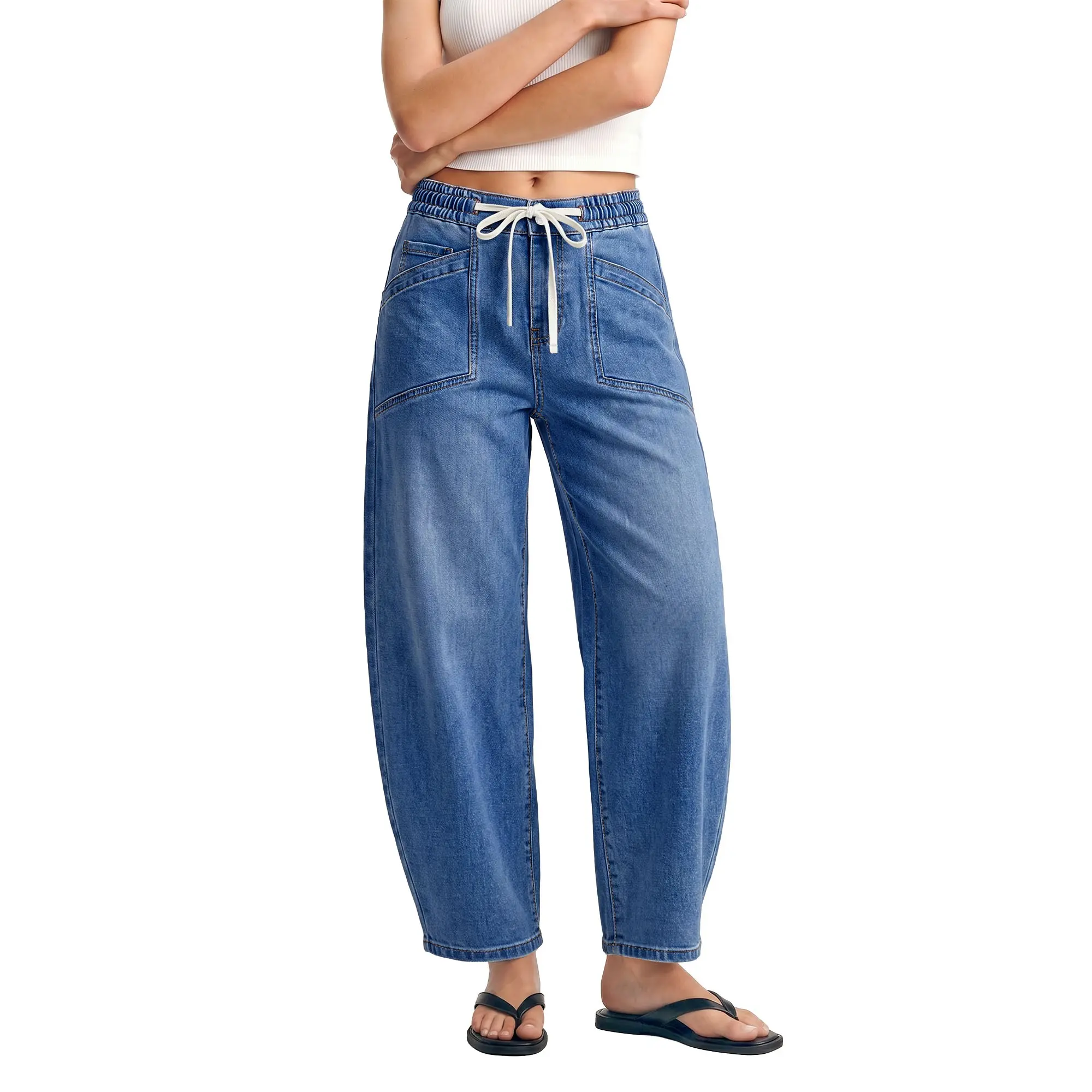 【NEW DROP】GRAPENT Barrel Jeans for Women High Waisted Elastic Waist Baggy Denim Pants | Barrel Leg, Ankle Length, Stretchy Drawstring Jeans, High Rise Fit, 27.5" Inseam, Front Patch Pockets, Dressy Casual Outfits backtoschool