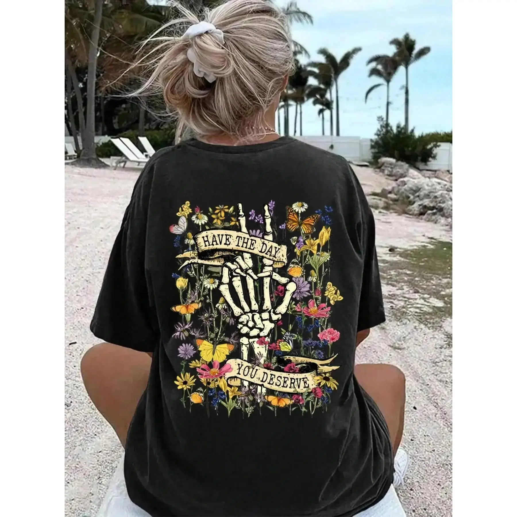 Oversized Cotton Sports Top - Crew Neck Short Sleeve, "Have The Day You Deserve" Skeleton Hand, Vintage Floral Wildflowers Butterfly Digital Print, Fade-Resistant US Fit (M-3XL), Sporty Chic Boho Cottagecore Self-Love Positivity Casual Tshirt Clothes