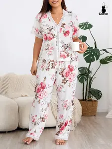 Plus Size Women's Lace Trim Floral Print Pajama Set, V Neck Short Sleeve Long Pants, Comfortable Sweet Home Sleepwear Loungewear