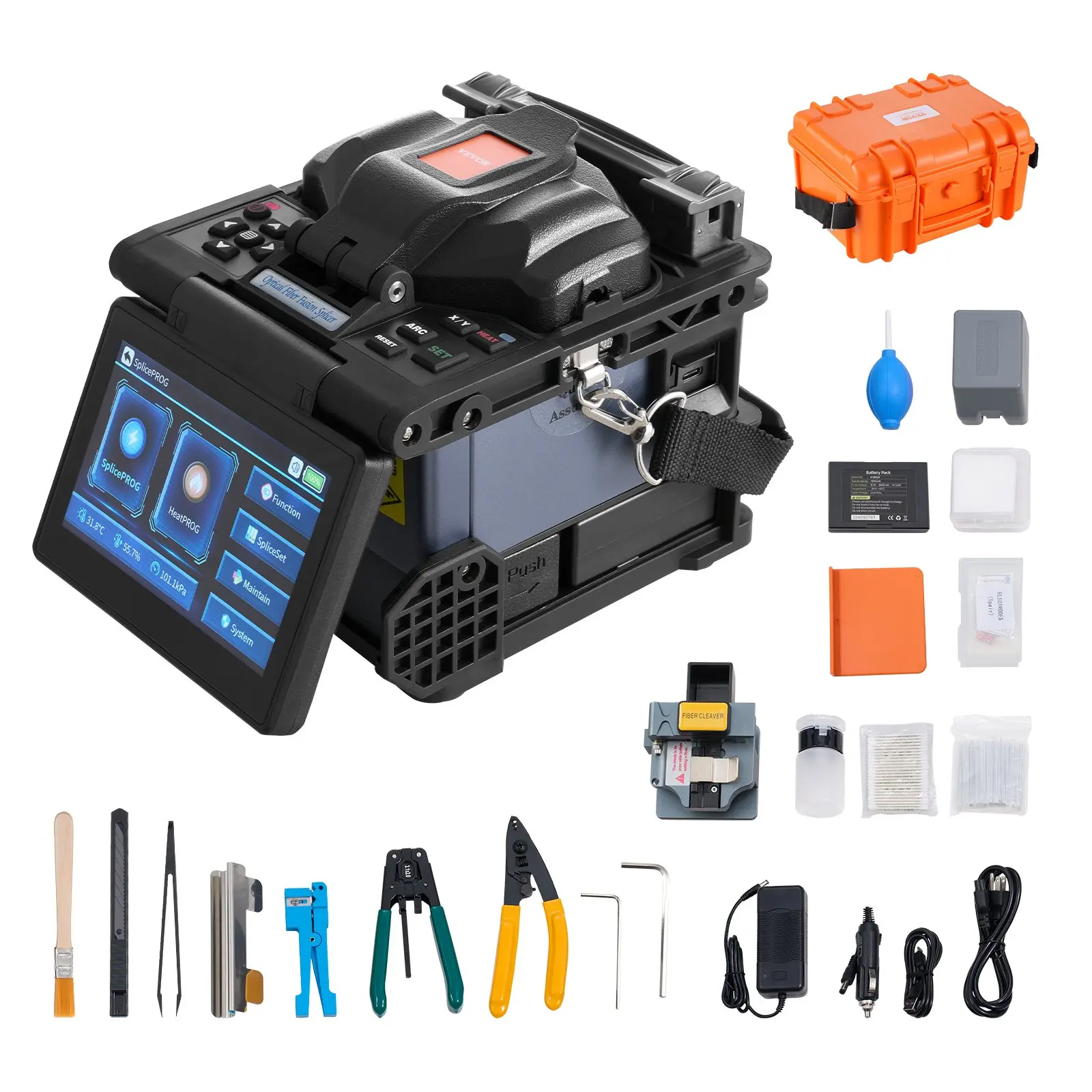 VEVOR Fiber Fusion Splicer 6-Motor, Core Alignment Fiber Optic Splicer 6s Splicing 13s Heating, Fiber Splicer Machine with 5" LCD Screen, 3 in 1 Fiber Holder, 7800mAh Battery for SM MM DS NZDS Fiber