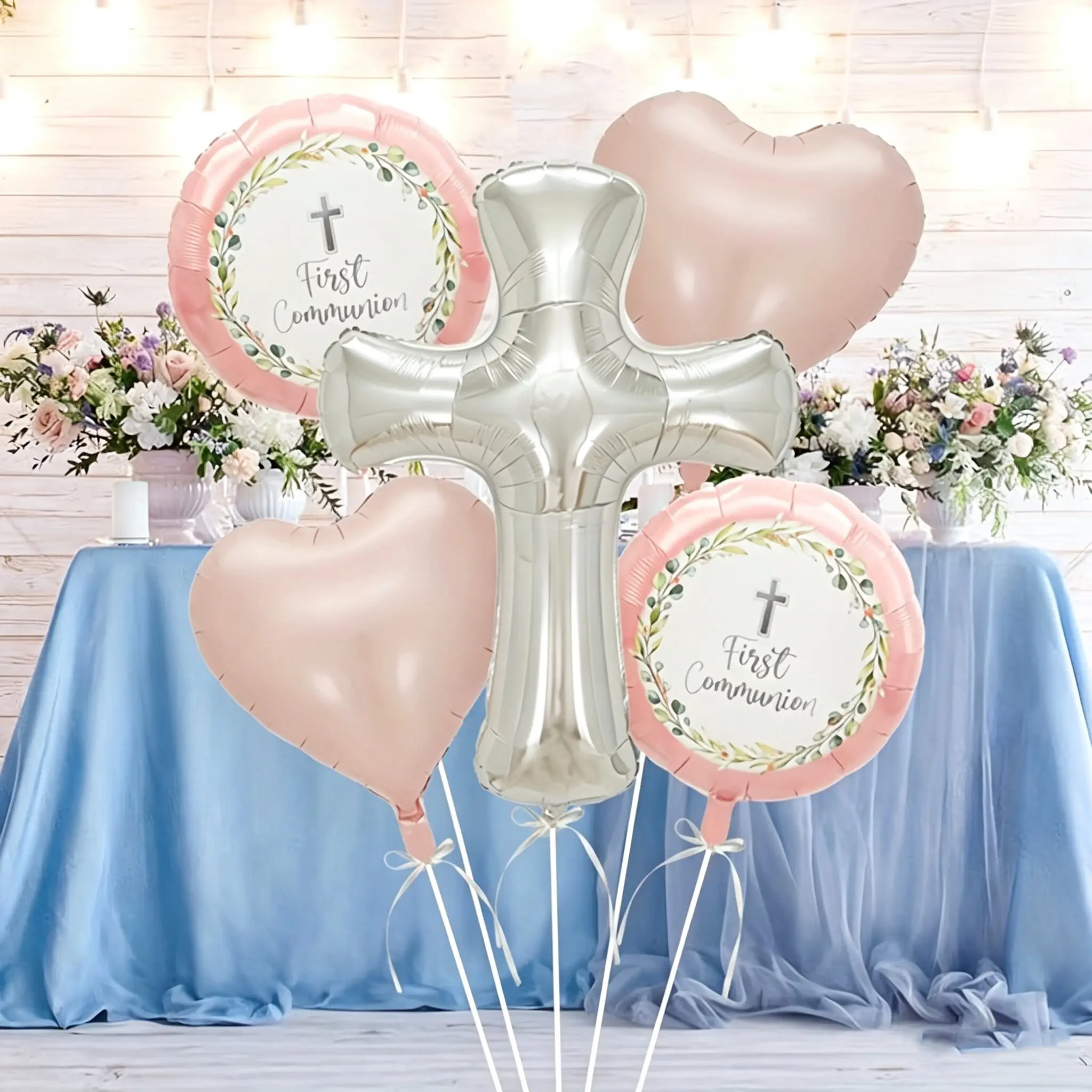 5Pcs Silver Cross Foil Balloons, 18 Inch Pink Round & Heart Foil Balloons, First Holy Communion & Baptism Party Decorations