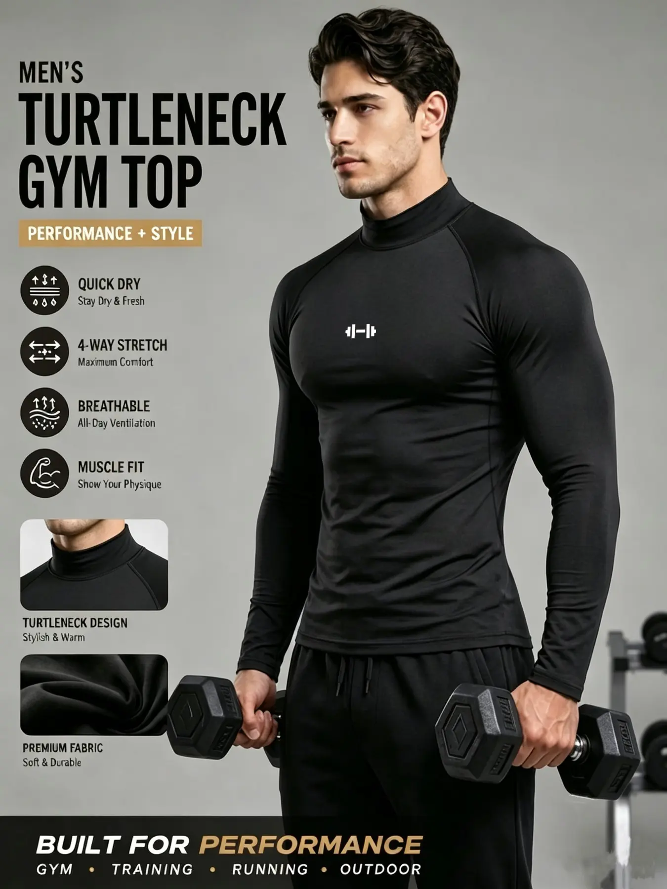 Men's Athletic Training Top Barbell Logo Black Turtleneck Gym Shirt Quick Dry Long Sleeve 4-Way Stretch Compression Built For Bodybuilding Fitness Outdoor Lifestyle Performance Muscle Fit Activewear.