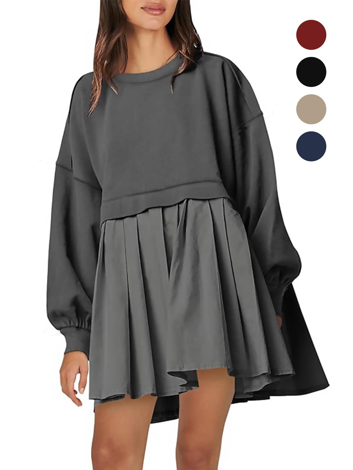 【Plus Size】 Solid Color 2 in 1 Smock Dress, Casual Basic Drop Shoulder Long Sleeve Fitted Short Dress for Fall & Winter, Women's Clothes for Daily Wear, Womenswear