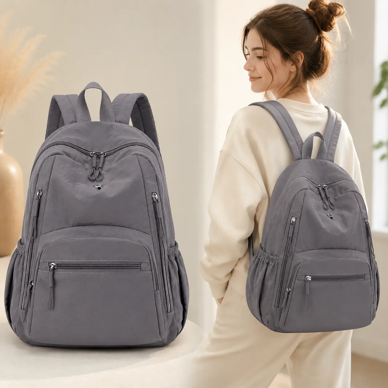 Women's Lightweight Waterproof Parachute Nylon Puffer Commuter Backpack - Multifunctional Casual Daypack with Multiple Zipper Pockets, Side Pockets, for Daily Use, Travel, Daily Use Backpack