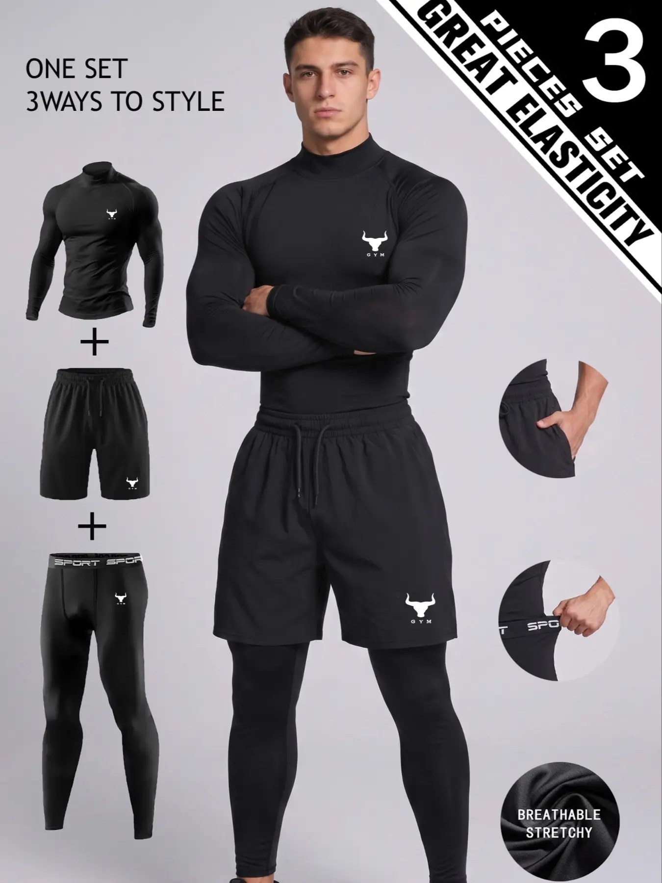 Men's 3-Piece Athletic Workout Set, Elastic Sports Suit, GYM Bull Head Graphic, High Neck Long Sleeve Fitness Top + Compression Pants + Sports Shorts, Soft Breathable High Stretch Activewear for Gym, Running, Strength Training, Soft Breathable Sportswear