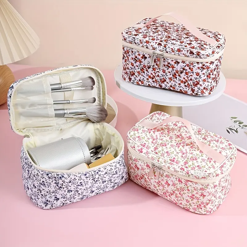 Large Capacity Floral Print Makeup Bag for Women, Portable Cosmetic Organizer Case with Brush Holder, Chic Travel Toiletry Pouch for Skincare & Daily Storage